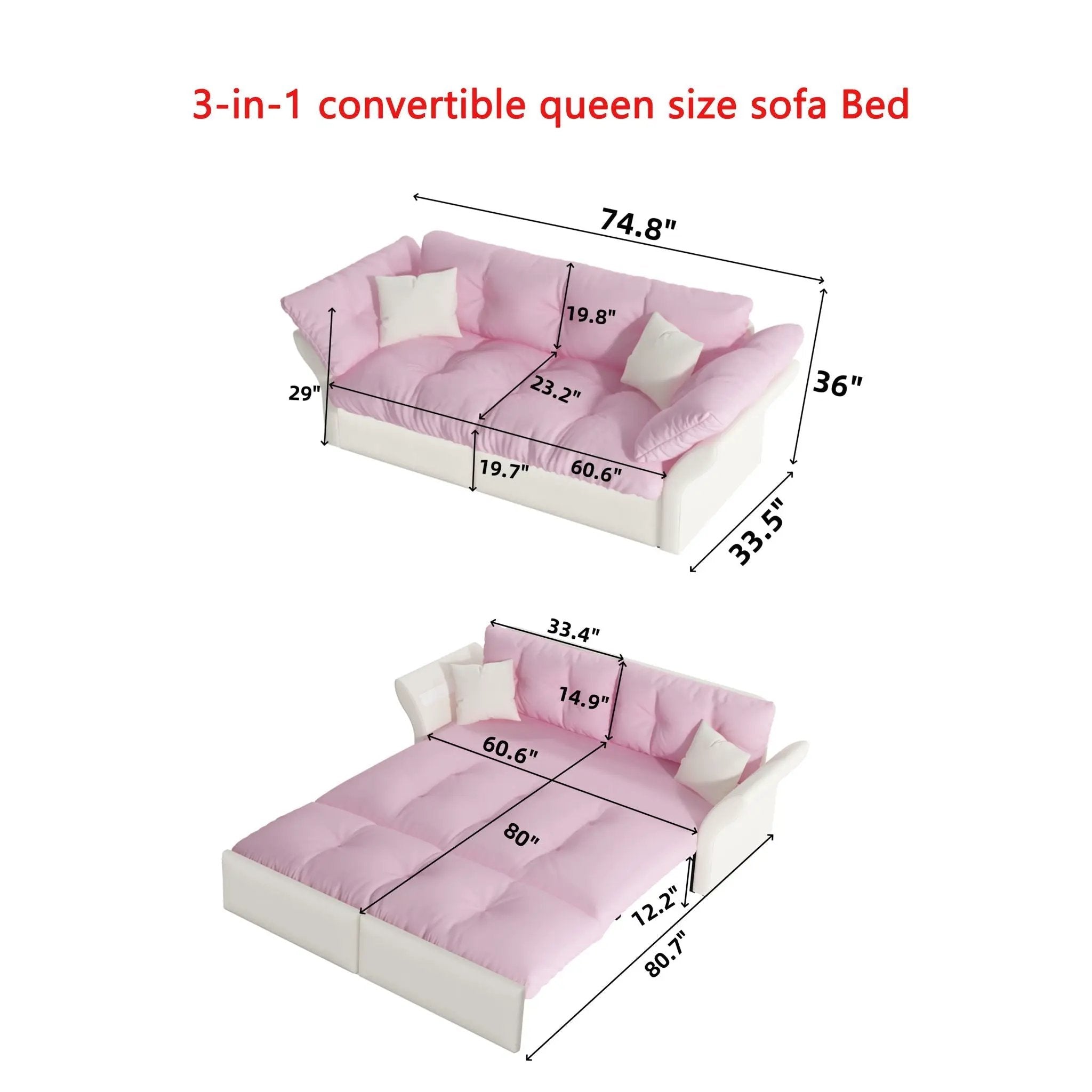 Queen Pull Out, 3 In 1 Convertible Sleeper Tufted Sofa & 2 Soft Pillows by HouseOfZazla