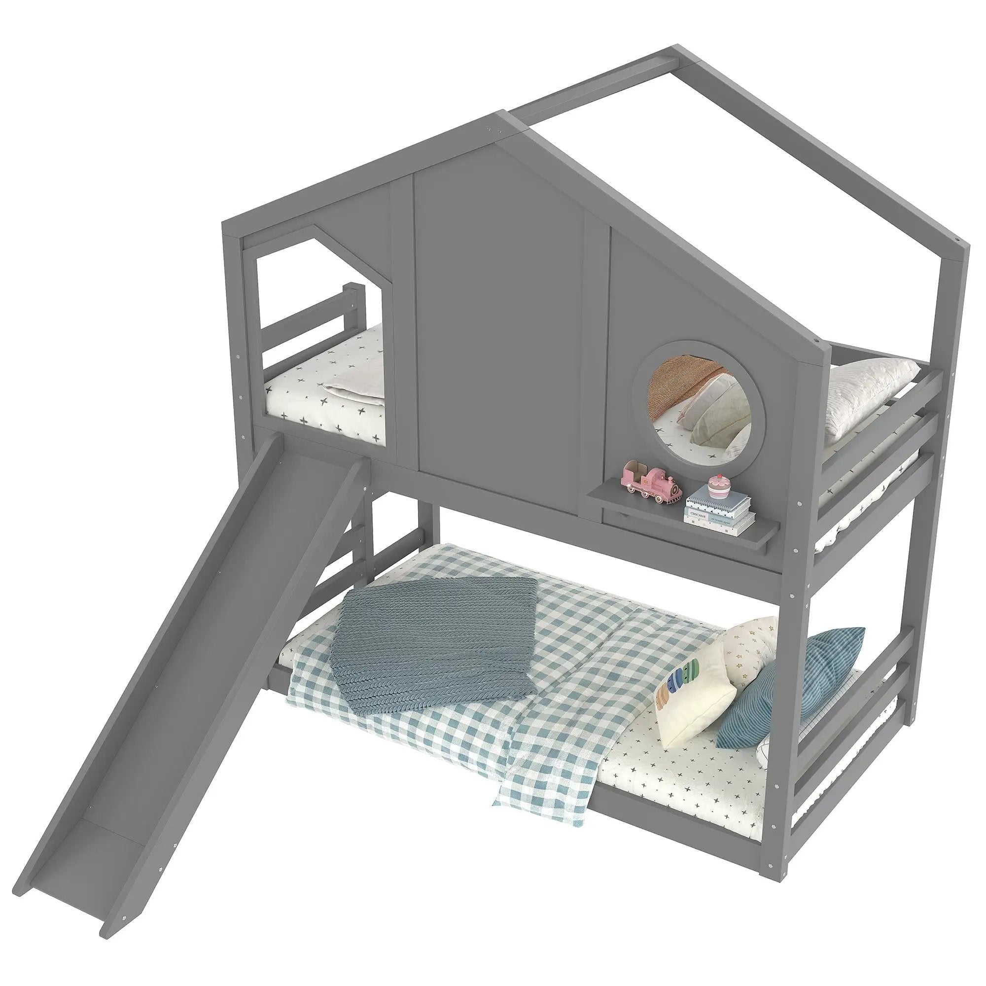 Twin House Bunk Bed with Slide and Storage Shelves by HouseOfZazla