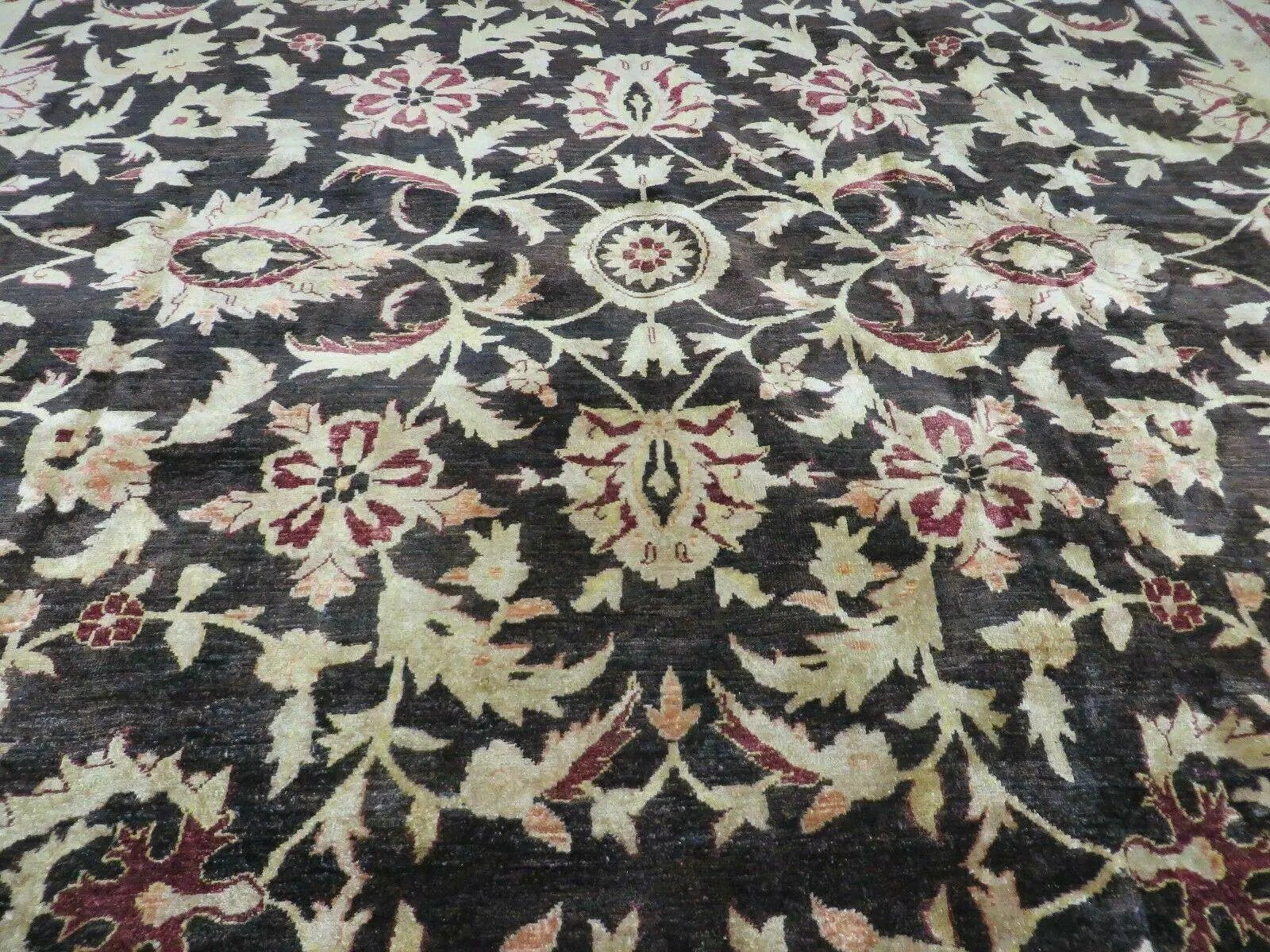 11' X 15' Vintage Hand Knotted Indian Agra Wool Rug Hand Made Dark Brown Floral by Jewel Rugs