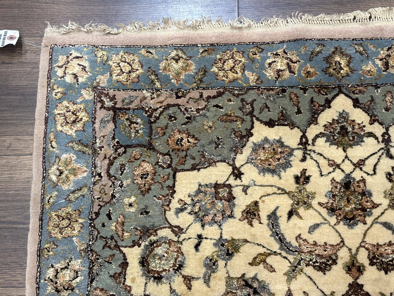 Persian Isfahan Rug 3x5, Fine 310 KPSI, Kork Wool Silk Foundation, Cream & Light Green by Jewel Rugs