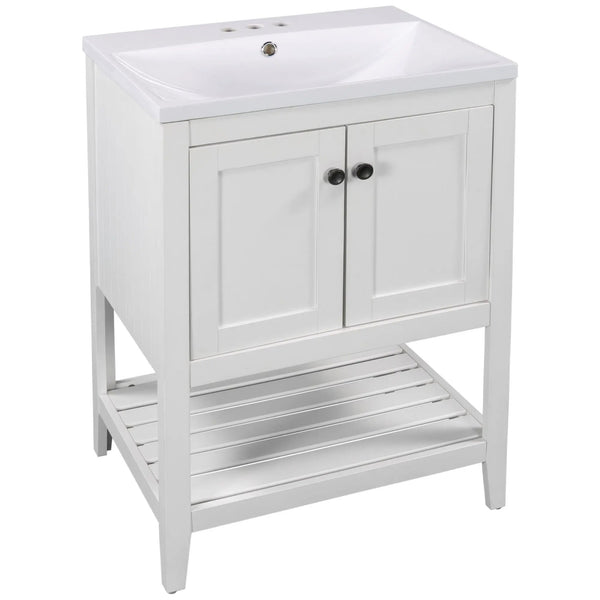 Modern Sleek Bathroom Vanity Elegant Ceramic Sink With Solid Wood Frame Open Style Shelf - White