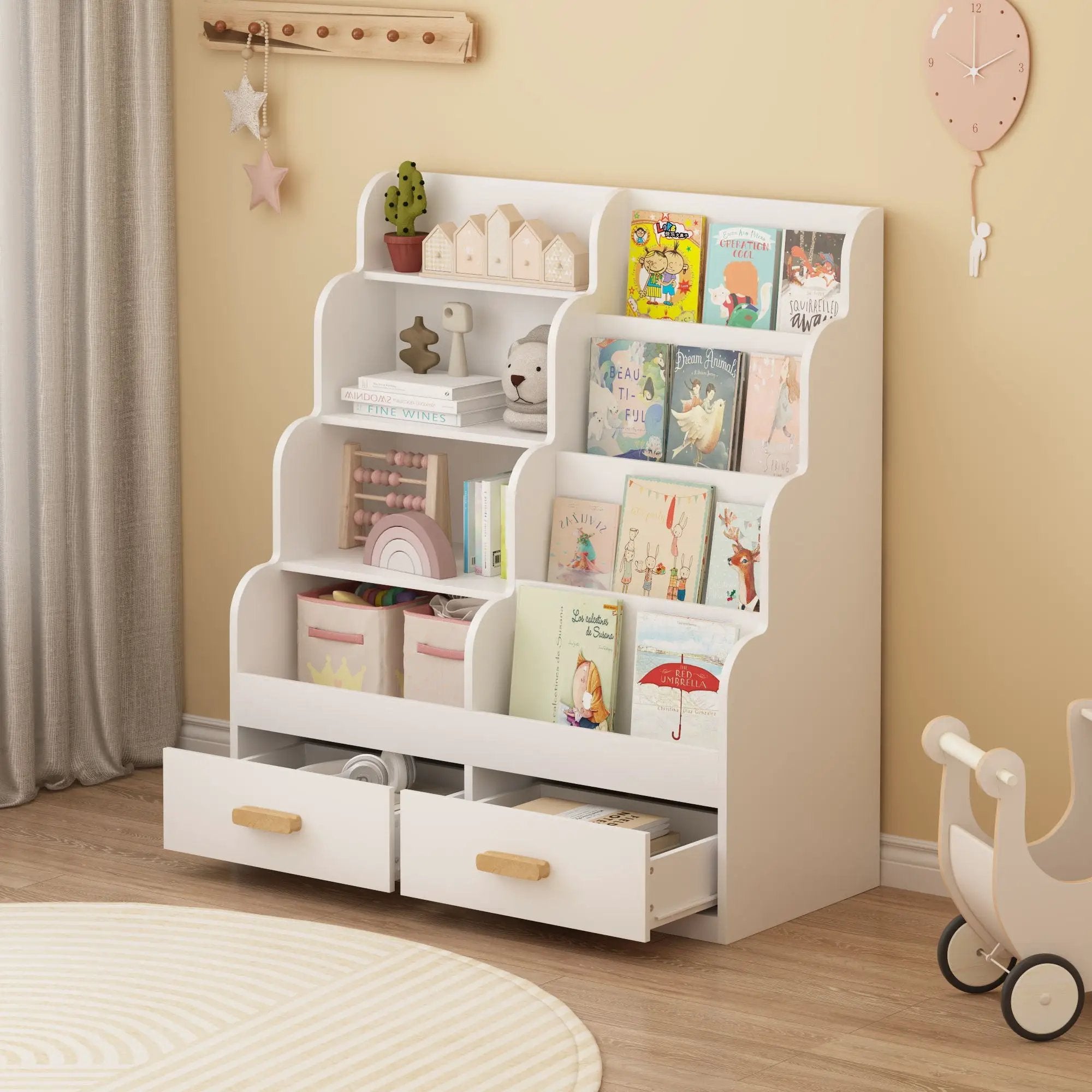 Bookshelf With 2 Storage Drawers, Front Facing Bookcase And Toy Organizer, Multi Tier Reading Shelf - White by Unique Piece Furniture