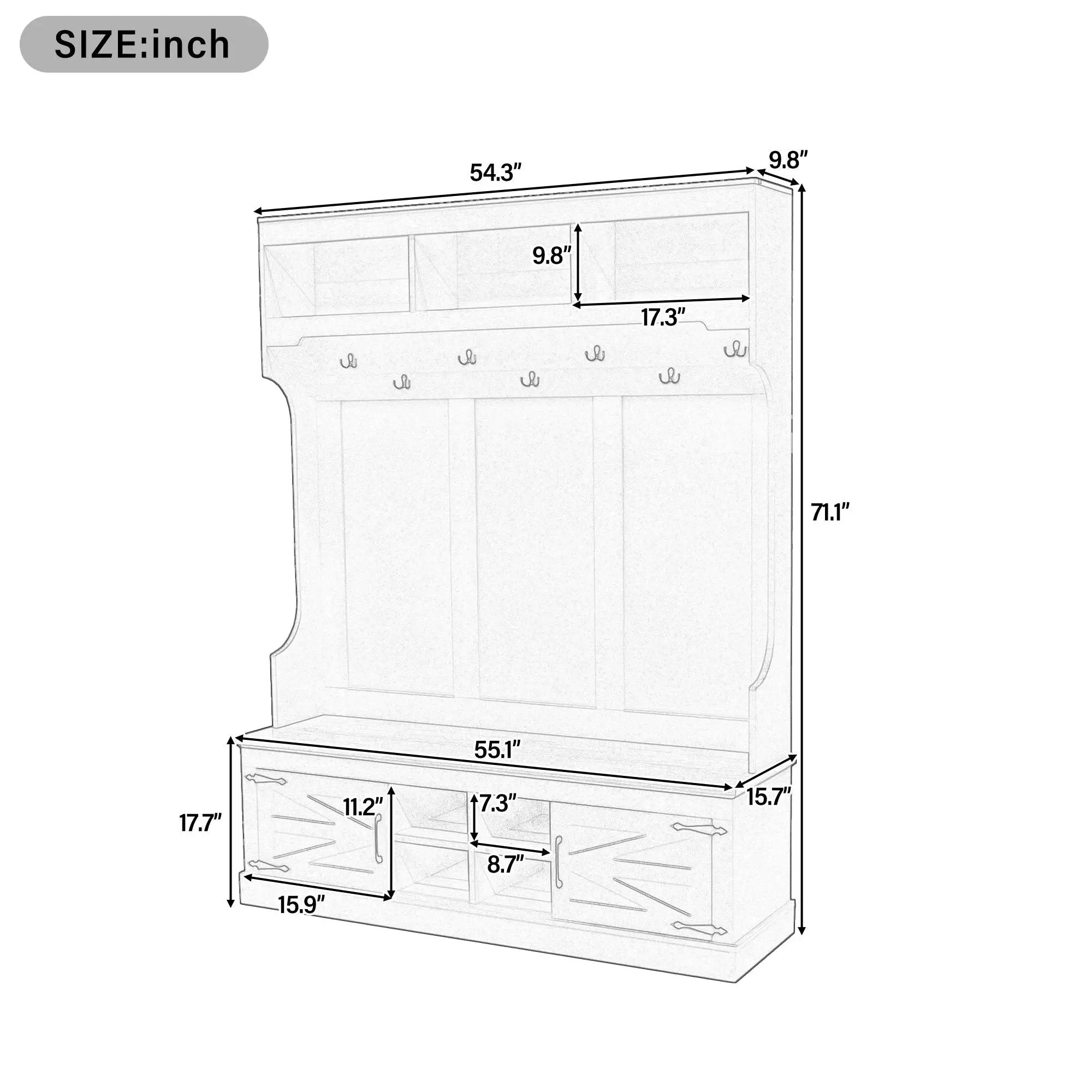 Hall Tree With Bench And Shoe Storage, 5 In 1 Entryway Organizer Cabinet With Coat Rack, 4 Shoe Cubbies & 7 Hooks - White by Unique Piece Furniture