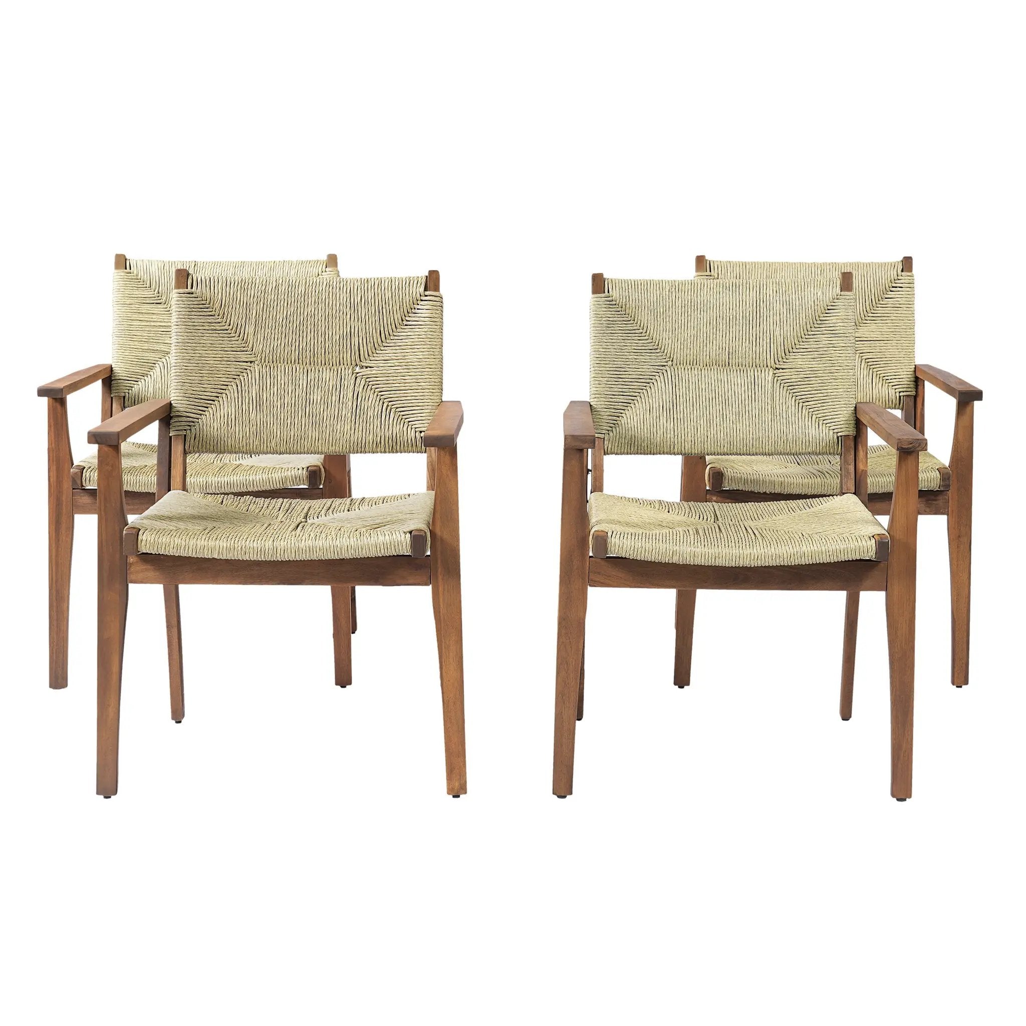 5-Piece Outdoor Dining Set: Teak Finish Round Acacia Wood Table & 4 Wicker Armchairs by HouseOfZazla