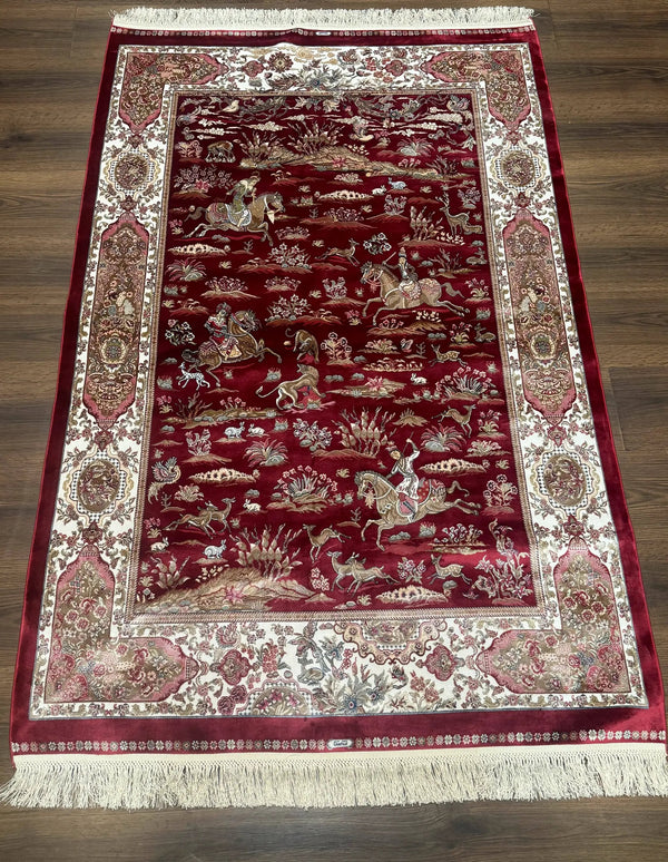 Turkish Silk Hunting Design Rug 4x6, Dark Red & Ivory, Bamboo Silk, New