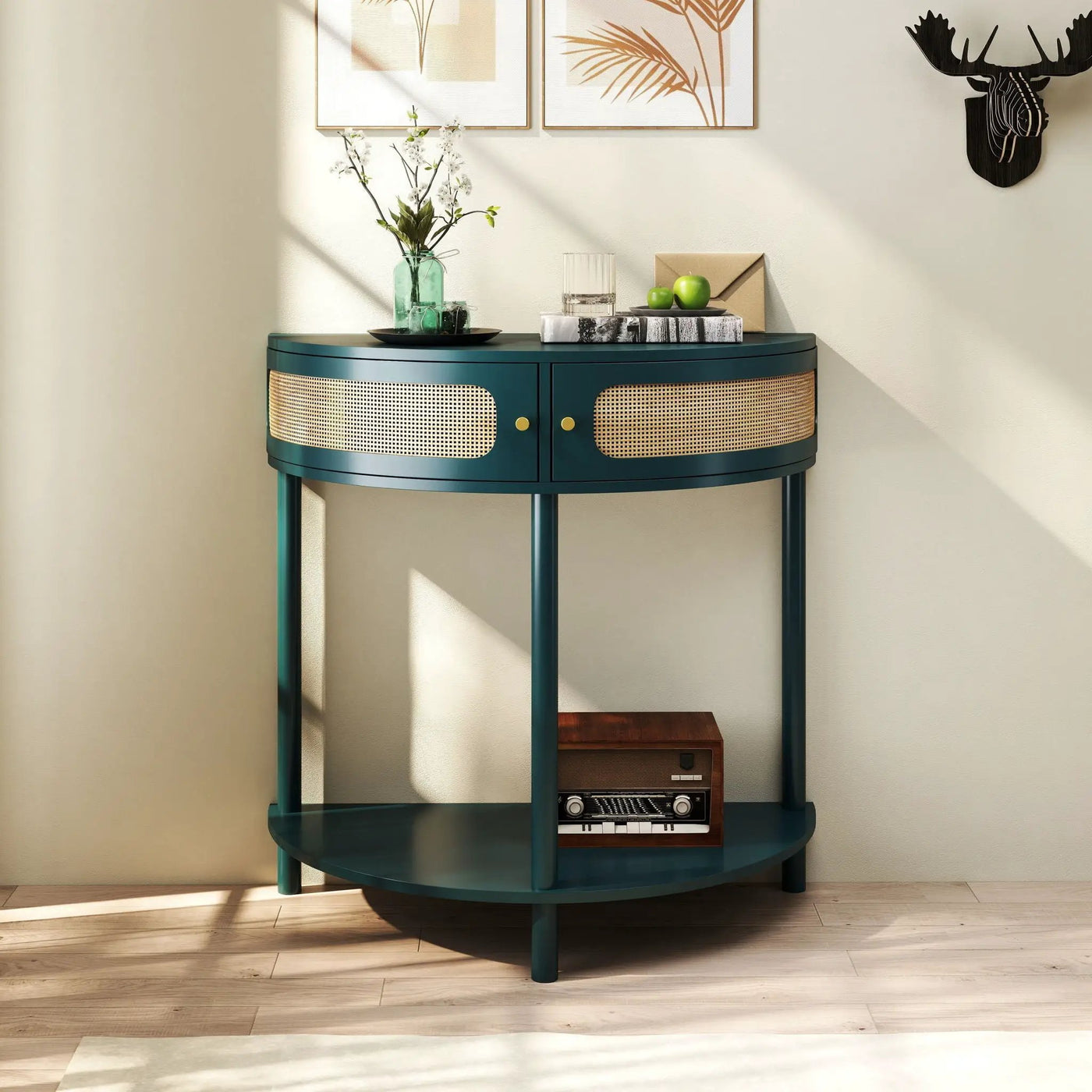 Boho Rattan Semi Circle End Table With Sliding Rattan Door, Storage And Bottom Shelf by Unique Piece Furniture