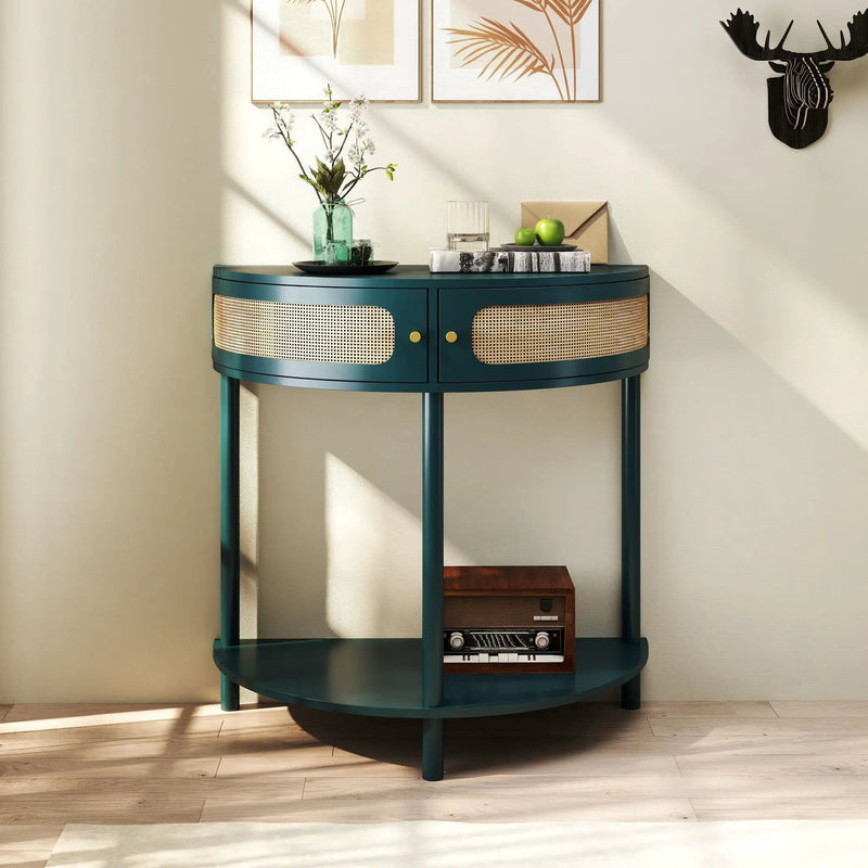 Boho Rattan Semi Circle End Table With Sliding Rattan Door, Storage And Bottom Shelf by HouseOfZazla