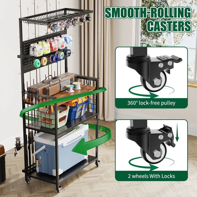 Fishing Rod Storage Rack With Pegboard, Rolling Tackle Organizer Cart - Black by HouseOfZazla