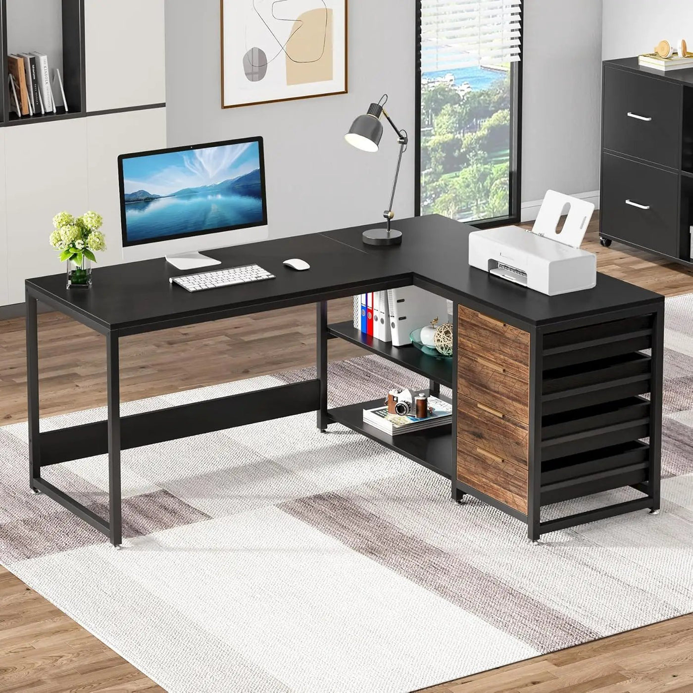 L-Shaped Computer Desk With Drawers And Shelves, Workstation For Home Office by HouseOfZazla