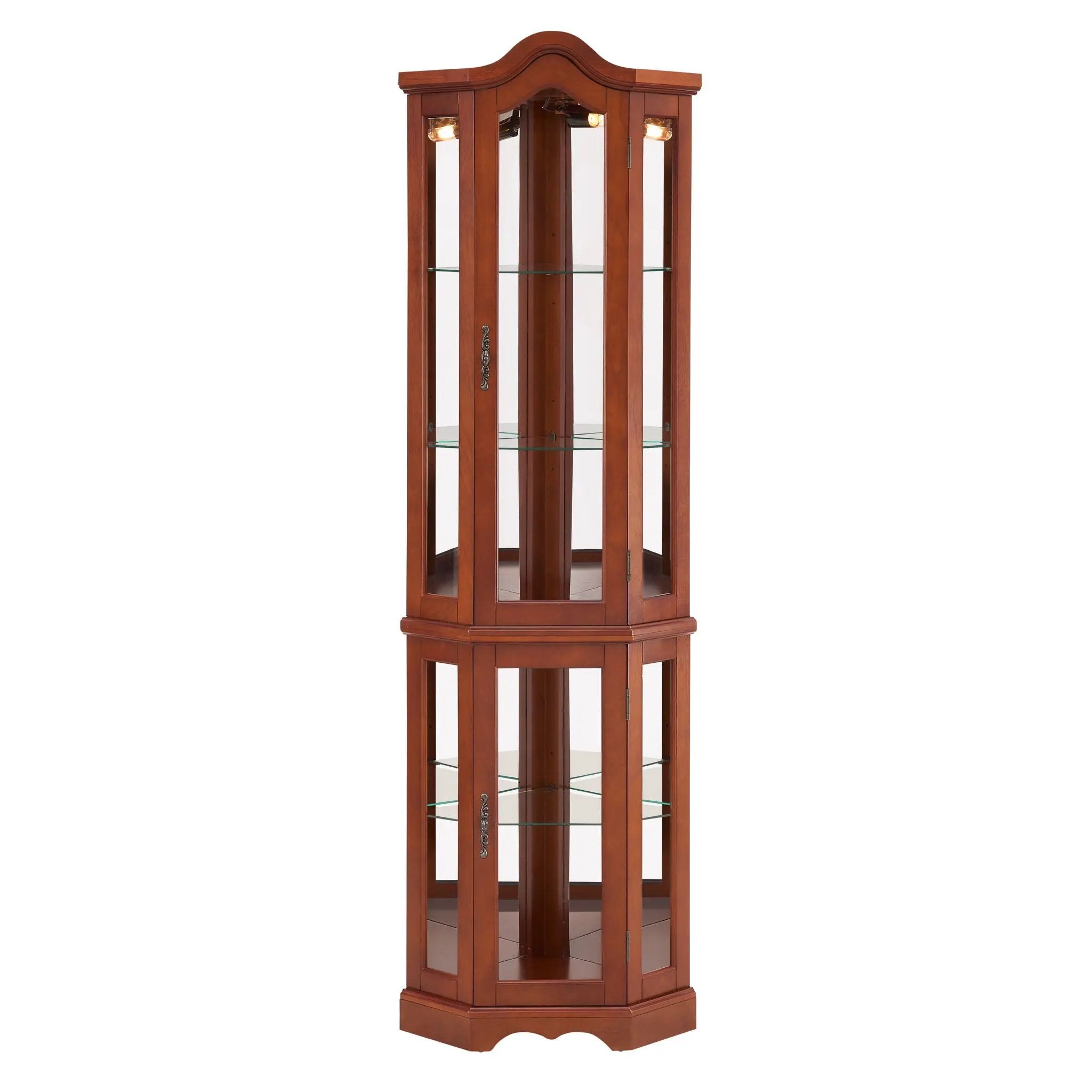 Corner Curio Cabinet With Lights, Adjustable Tempered Glass Shelves, Mirrored Back, Display Cabinet (E26 Light Bulb Not Included) - Walnut by Unique Piece Furniture
