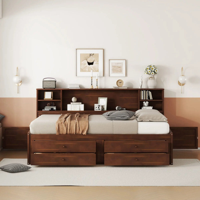 Full Size Captain Bed With Built In Storage Shelves, 4 Drawers And 2 Cabinets - Antique Brown by Unique Piece Furniture