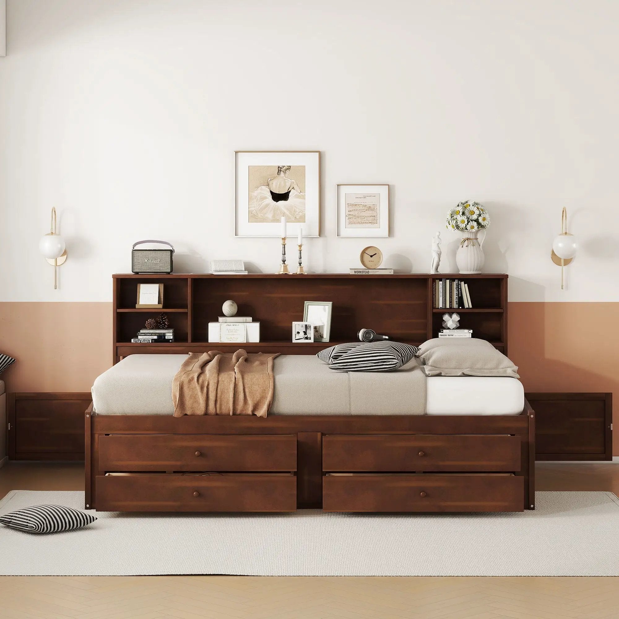 Full Size Captain Bed With Built In Storage Shelves, 4 Drawers And 2 Cabinets - Antique Brown by HouseOfZazla
