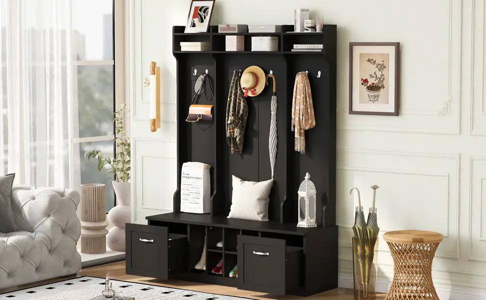 5 In 1 Entryway Bench With Coat Rack, 7 Sturdy Hooks, 2 Spacious Drawers And Adjustable Shelves by HouseOfZazla