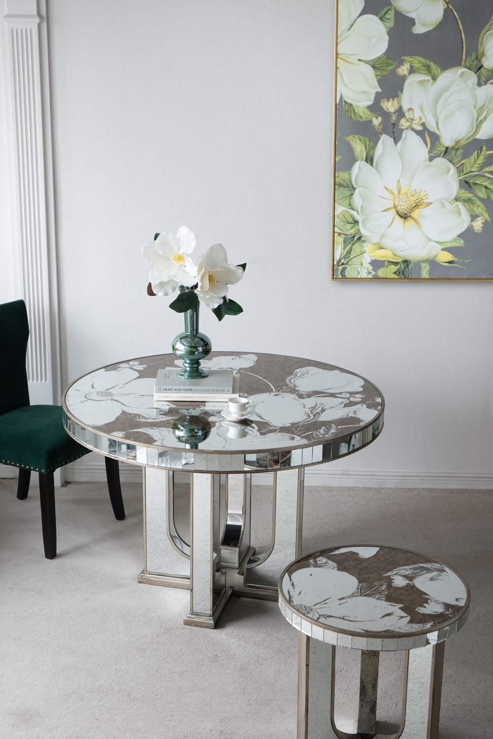 Round Dining Table With Elegant Floral Design And Mirrored - Silver Multi by HouseOfZazla