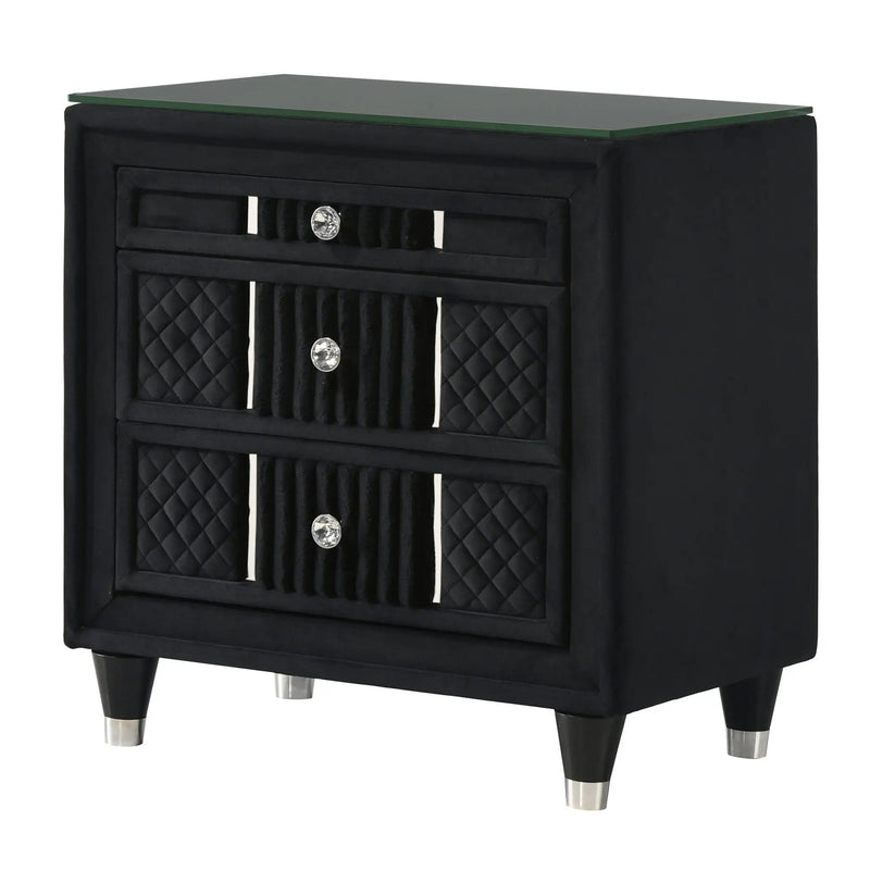 1 Piece Nightstand Upholstery Textured Look Luxurious Feel Drawer Fronts Crystal Style Knobs - Black by Unique Piece Furniture