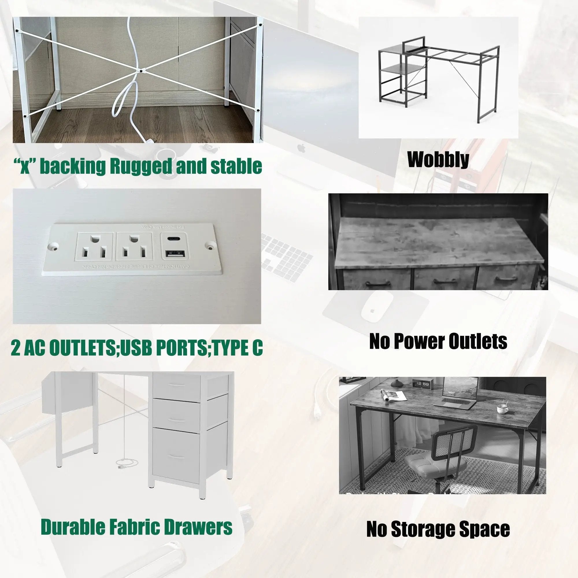 Office Desk With Power Outlet, 3 Drawers And Side Pocket For Office - White by HouseOfZazla