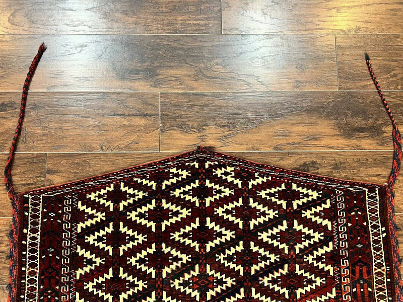 Antique Turkoman Camel Trapping, Turkoman Asmalyk, Red Black Ivory, Handmade, Hand Knotted Tribal Collectible Rug, Rare by Jewel Rugs