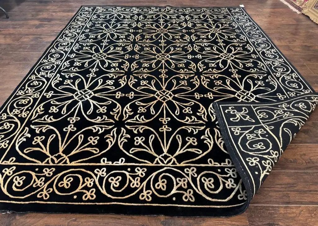 Tibetan Rug 8x10, Wool and Silk, Raised Pattern, Black and Gold, Floral by Jewel Rugs