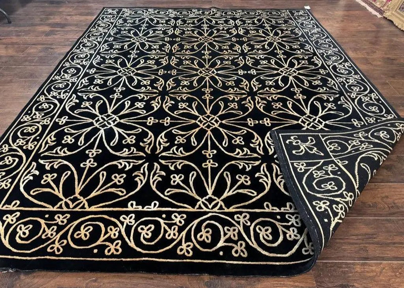 Tibetan Rug 8x10, Wool and Silk, Raised Pattern, Black and Gold, Floral by Jewel Rugs