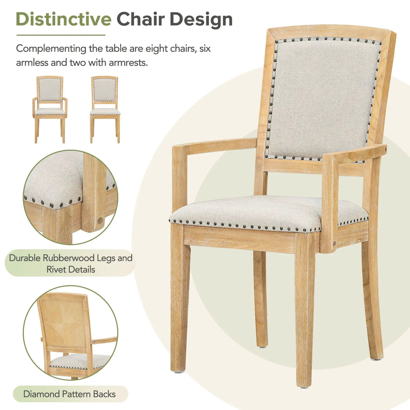 Topmax - Rustic Extendable Dining Table Set With Removable Leaf, 6 Upholstered Armless Dining Chairs And 2 Padded Arm Chairs, 9 Pieces by Unique Piece Furniture