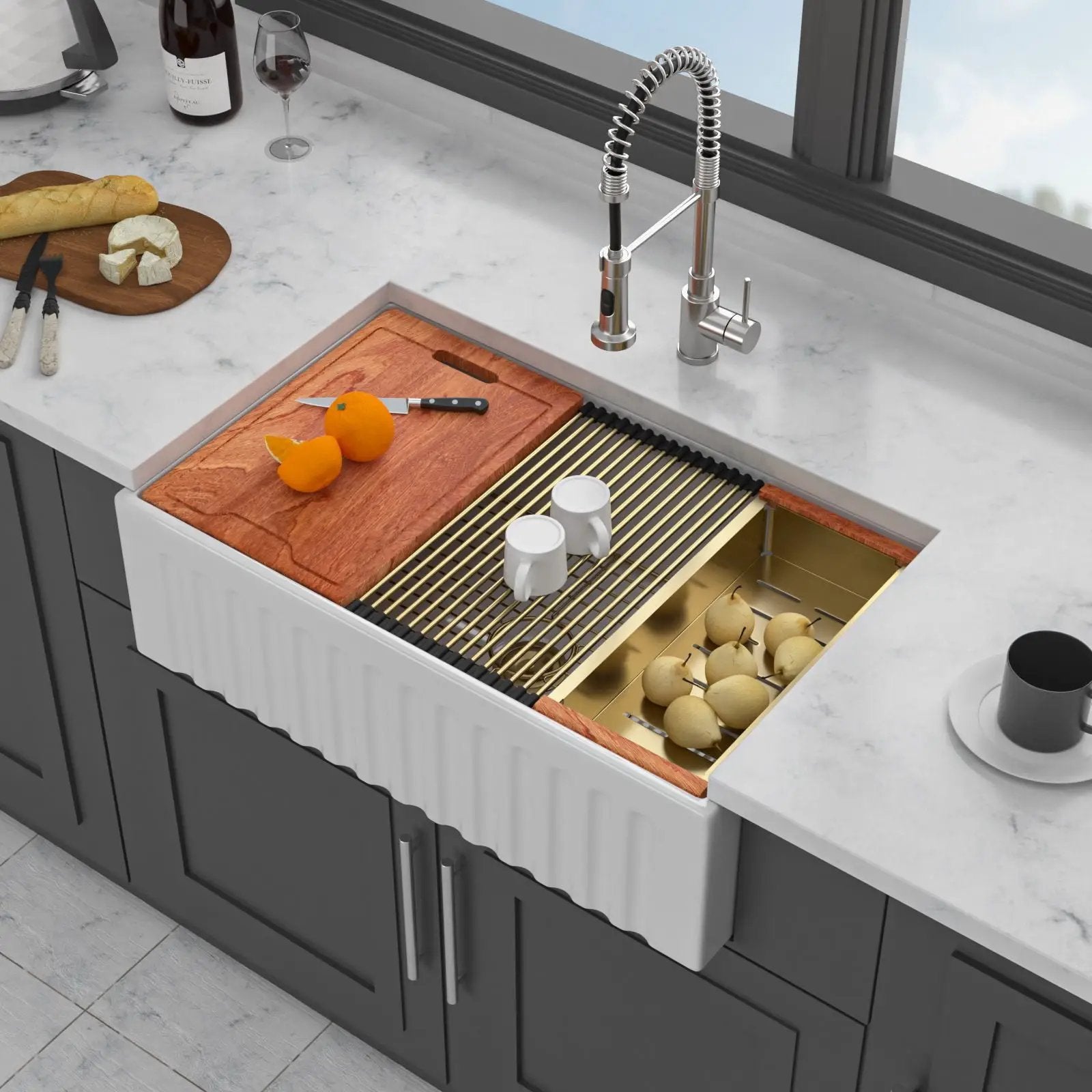 Workstation, Single Bowl Apron Front Kitchen Sink - White by HouseOfZazla