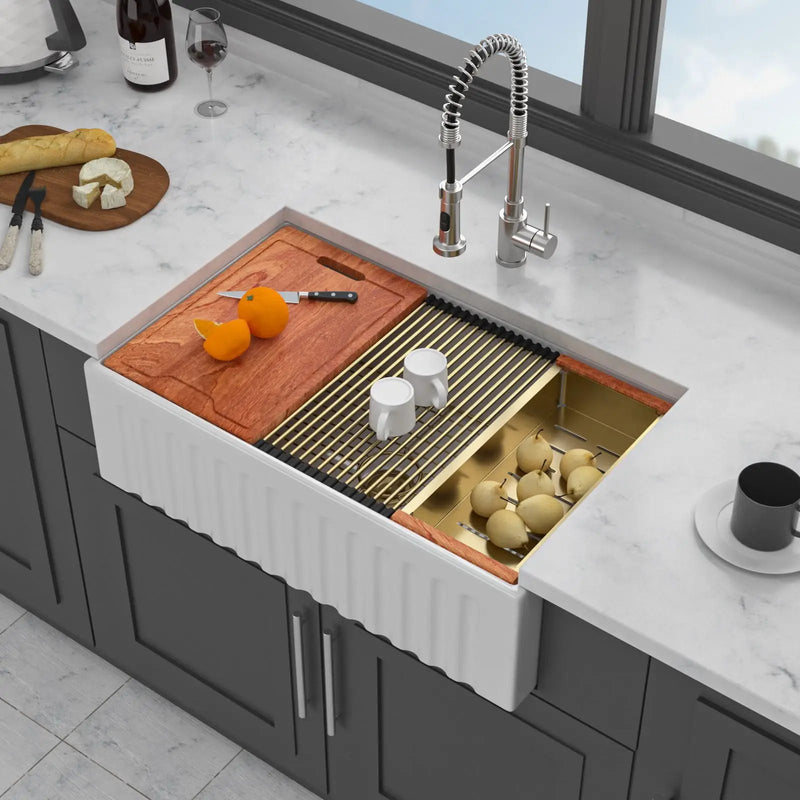 Workstation, Single Bowl Apron Front Kitchen Sink - White by HouseOfZazla