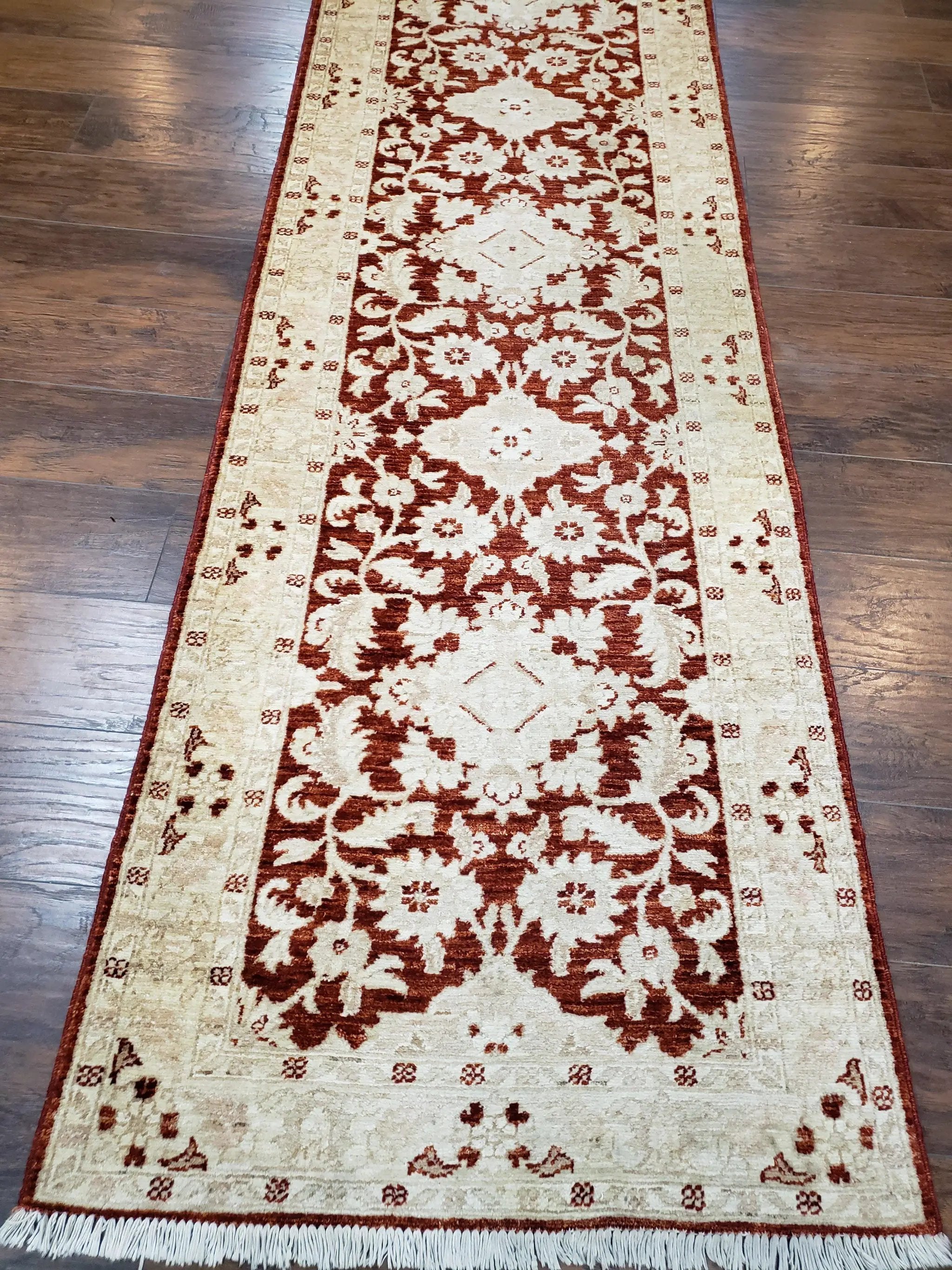 21 ft Runner Rug Long Hallway Runner, 3 x 21 Corridor Rug, Peshawar Pak Persian Chobi Agra Rug, Maroon and Beige Large Flowers Wool Handmade by Jewel Rugs