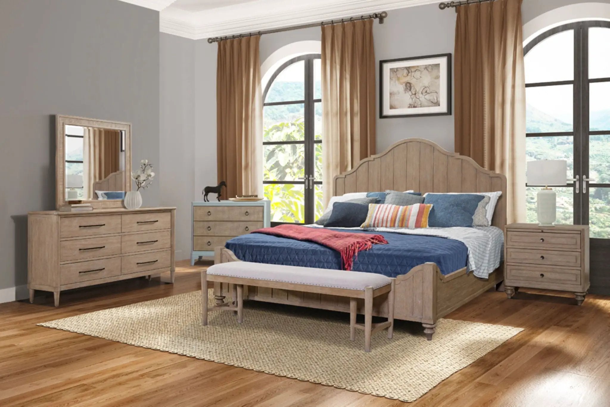 Panel Bedroom Set With 3 Drawer Nightstand, Casual Dresser, Cane Mirror, 3 Drawer Cane Front Chest And Bench by Unique Piece Furniture