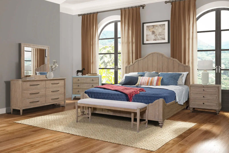 Panel Bedroom Set With 3 Drawer Nightstand, Casual Dresser, Cane Mirror, 3 Drawer Cane Front Chest And Bench by Unique Piece Furniture