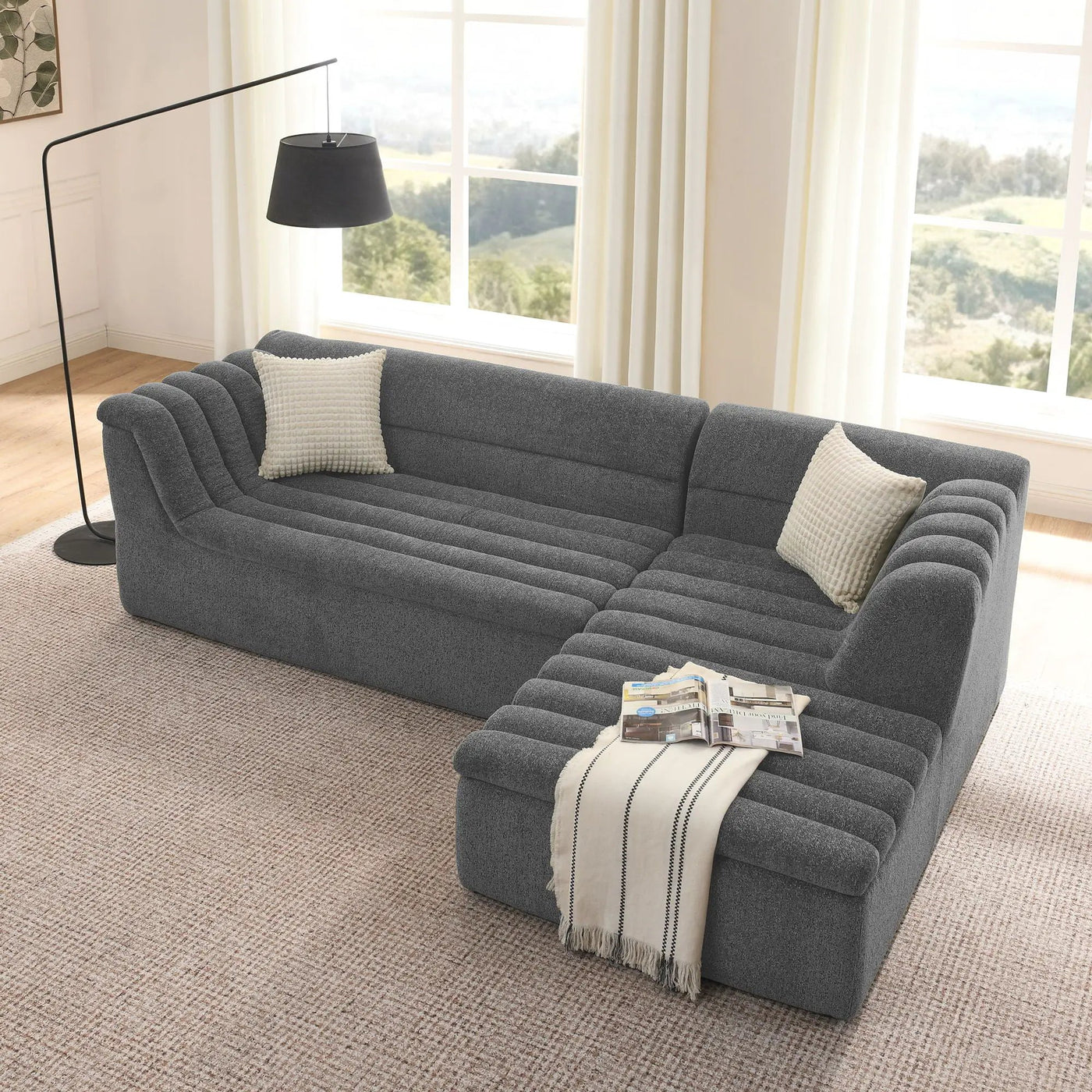 Upholstered L-Shaped Modular Sectional Sofa With Chaise, Wave-Shaped Armrest by HouseOfZazla