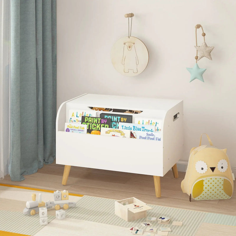 Toy Box With Front Bookshelf, Flip Top Lid, Safety Hinge For Kids Room Organization - White by HouseOfZazla