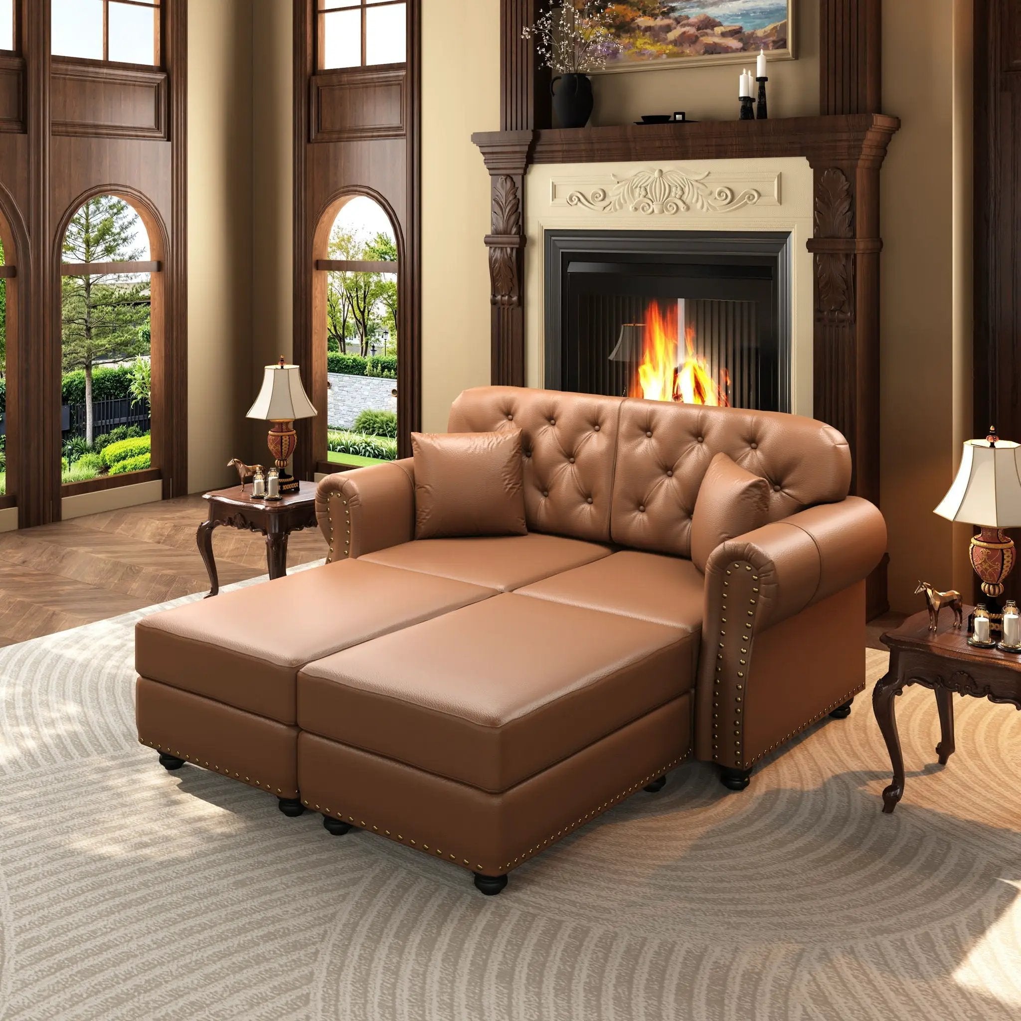 Upholstered Sofa With Nailhead Trim, Rolled Armrests With Ottoman by HouseOfZazla