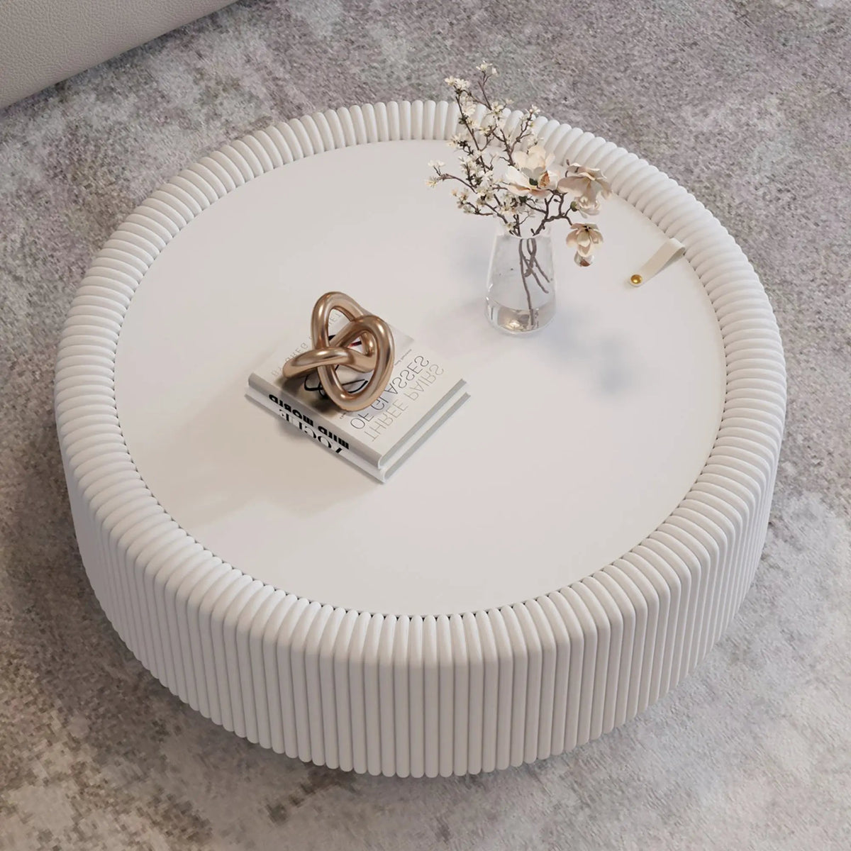 White Round Fluted Coffee Table with Hidden Storage by HouseOfZazla