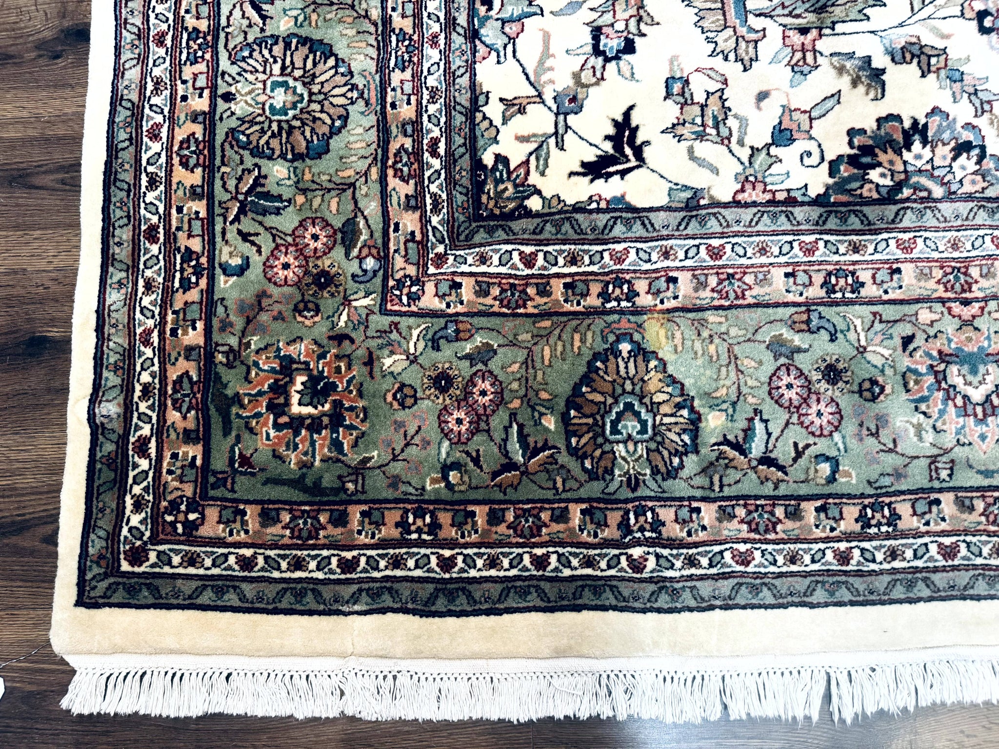 Indo Persian Rug 9x12, Allover Floral Pattern, Ivory & Green, Traditional Oriental Carpet by Jewel Rugs
