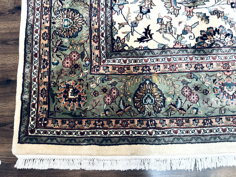 Indo Persian Rug 9x12, Allover Floral Pattern, Ivory & Green, Traditional Oriental Carpet by Jewel Rugs