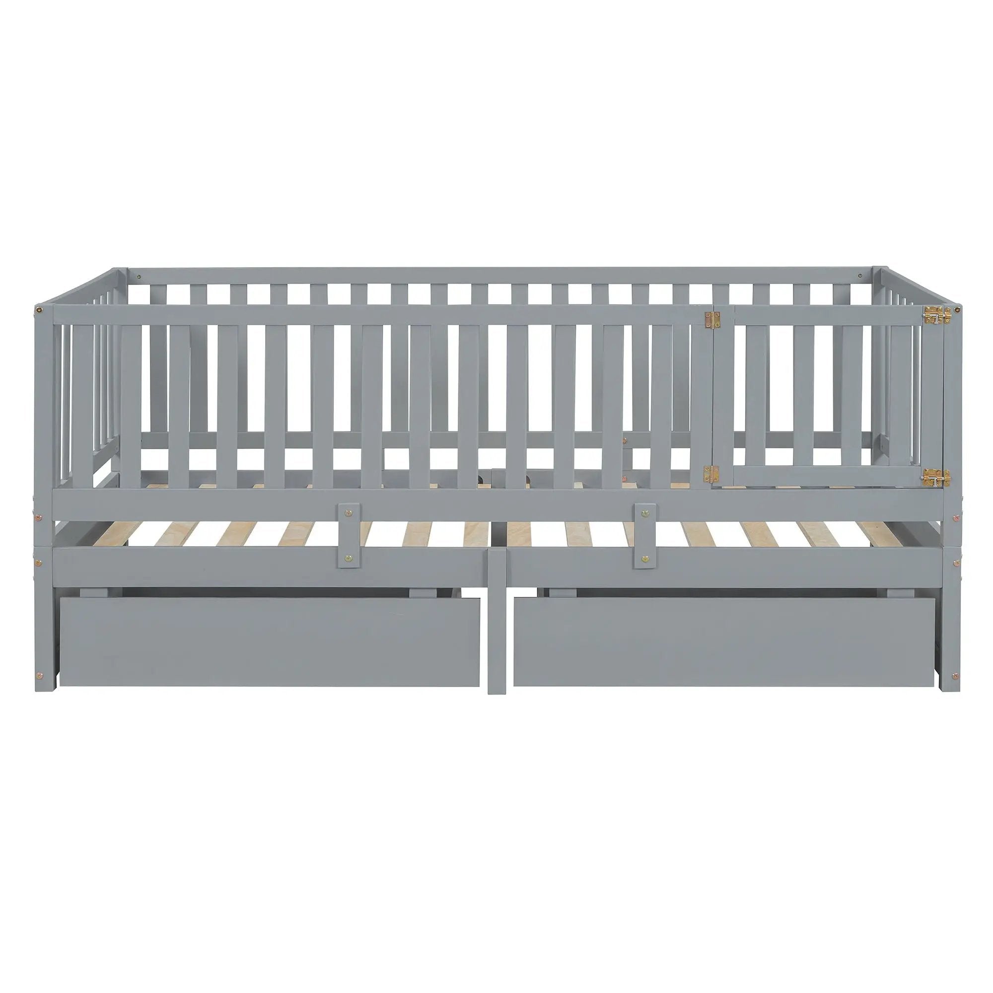 Daybed With Fence Guardrails And 2 Drawers, Split Into Independent Floor Bed & Daybed by HouseOfZazla