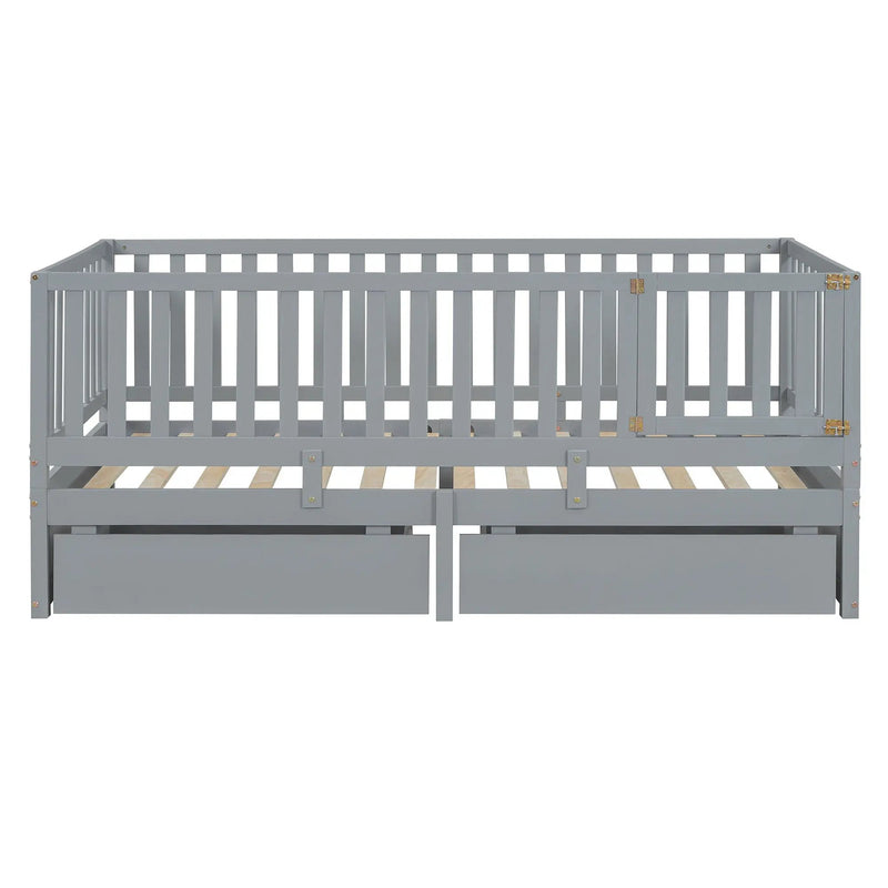 Daybed With Fence Guardrails And 2 Drawers, Split Into Independent Floor Bed & Daybed by HouseOfZazla