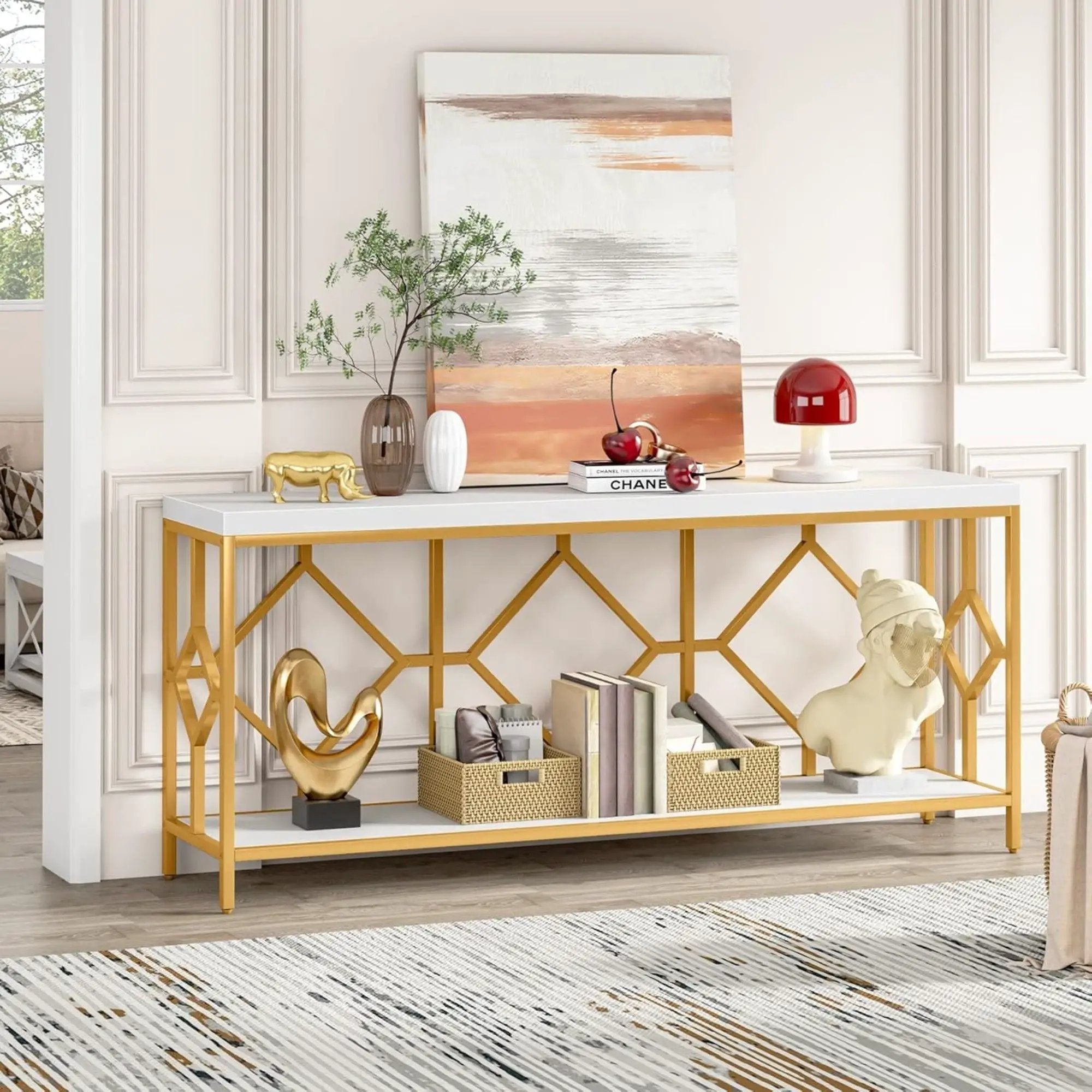 Extra Long Sofa Table With Diamond Pattern Frame, 2 Tier Open Storage For Living Room - White / Gold by HouseOfZazla