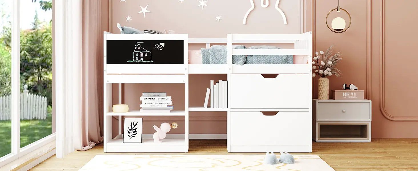 Low Loft Bed With Rolling Desk, Shelf And Drawers by HouseOfZazla