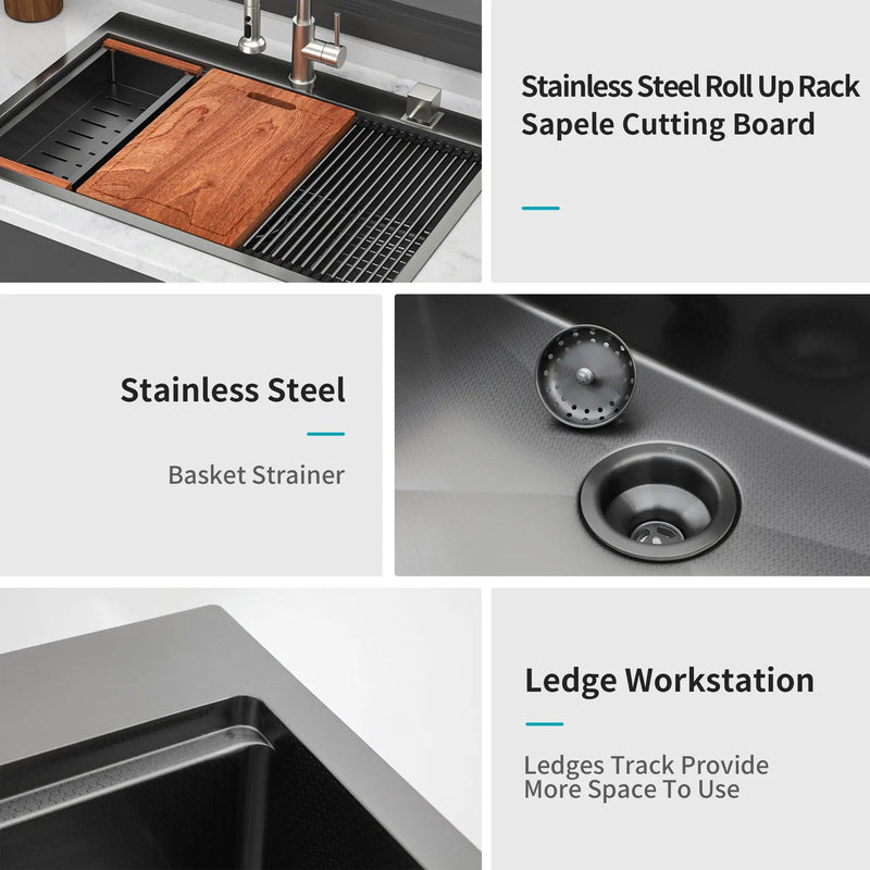 33" Drop In Kitchen Sink With Ledge Workstation, 16 Gauge Stainless Steel - Gunmetal Black by HouseOfZazla