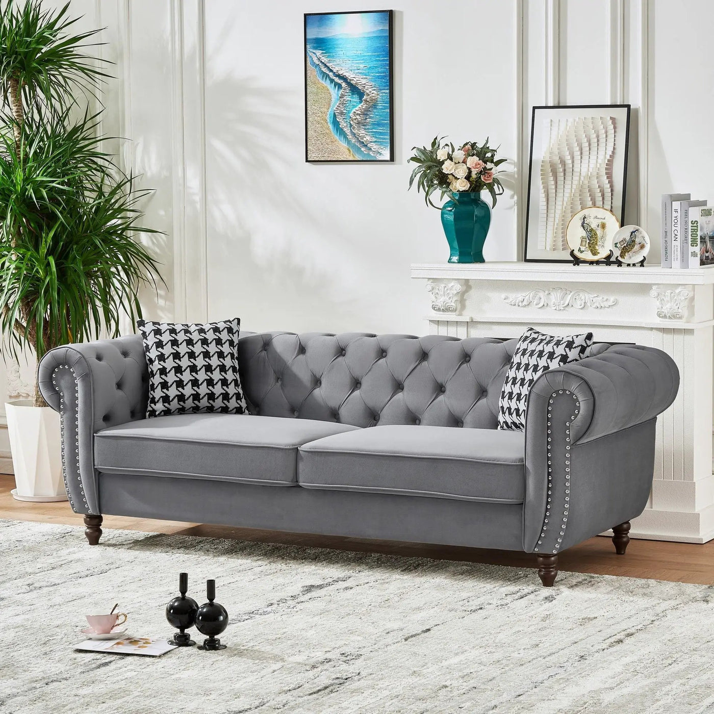 Chesterfield Upholstery Fabric Sofa With Roll Armrest & Nailhead, Mid Century Modern 3 And 3 Seater Couch by Unique Piece Furniture