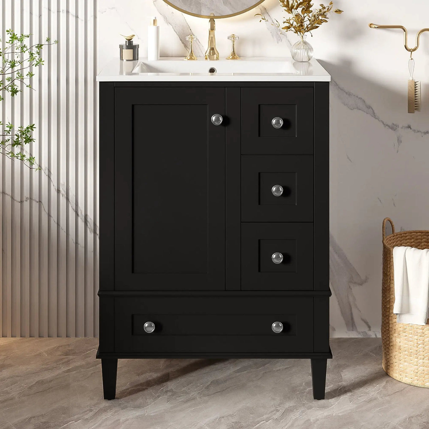 Bathroom Vanity With Integrated Basin, Soft Close Drawers, Door Mounted Double Layer Shelf by HouseOfZazla