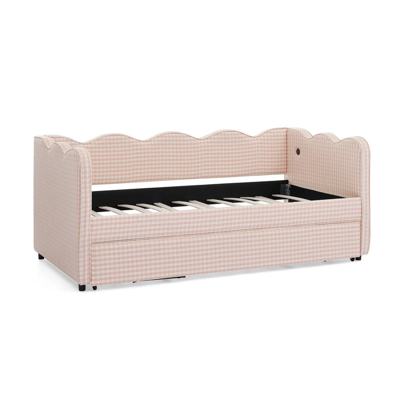 Gingham Daybed With USB Charging Port, Wave Shaped Design