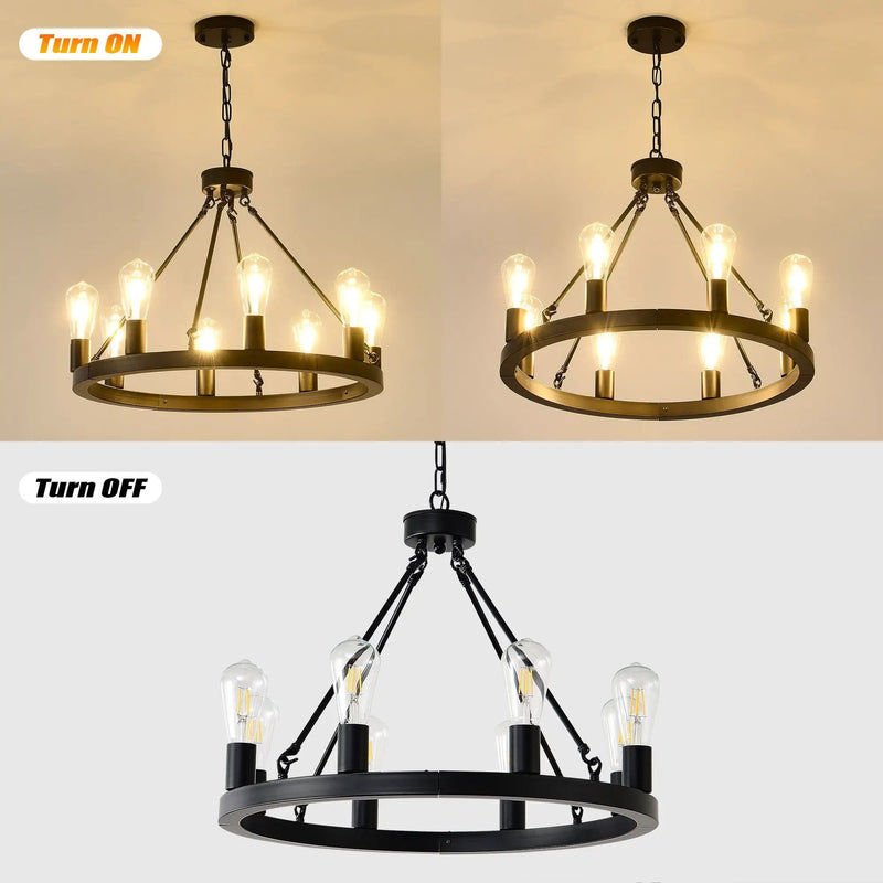6 Light (No Bulbs) Wagon Wheel Chandelier Farmhouse Modern Small Round Chandelier For Living Room Kitchen Island Foyer Hallway Entryway Bedroom Dining Room Light Fixture Ceiling Hanging - Matte Black by HouseOfZazla