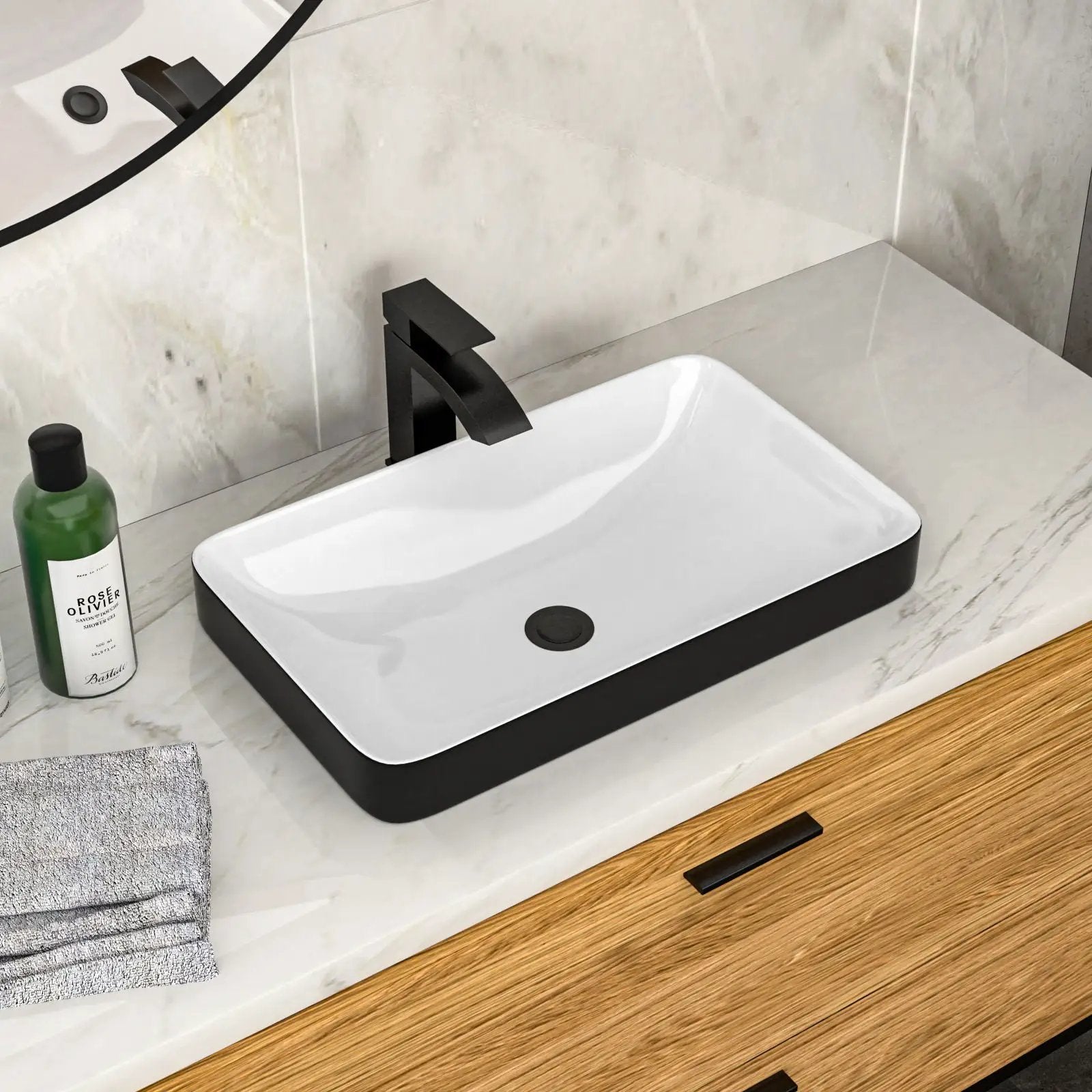 Semi Recessed Bathroom Sink With Vessel Design, Durable Glazed - White / Black by HouseOfZazla