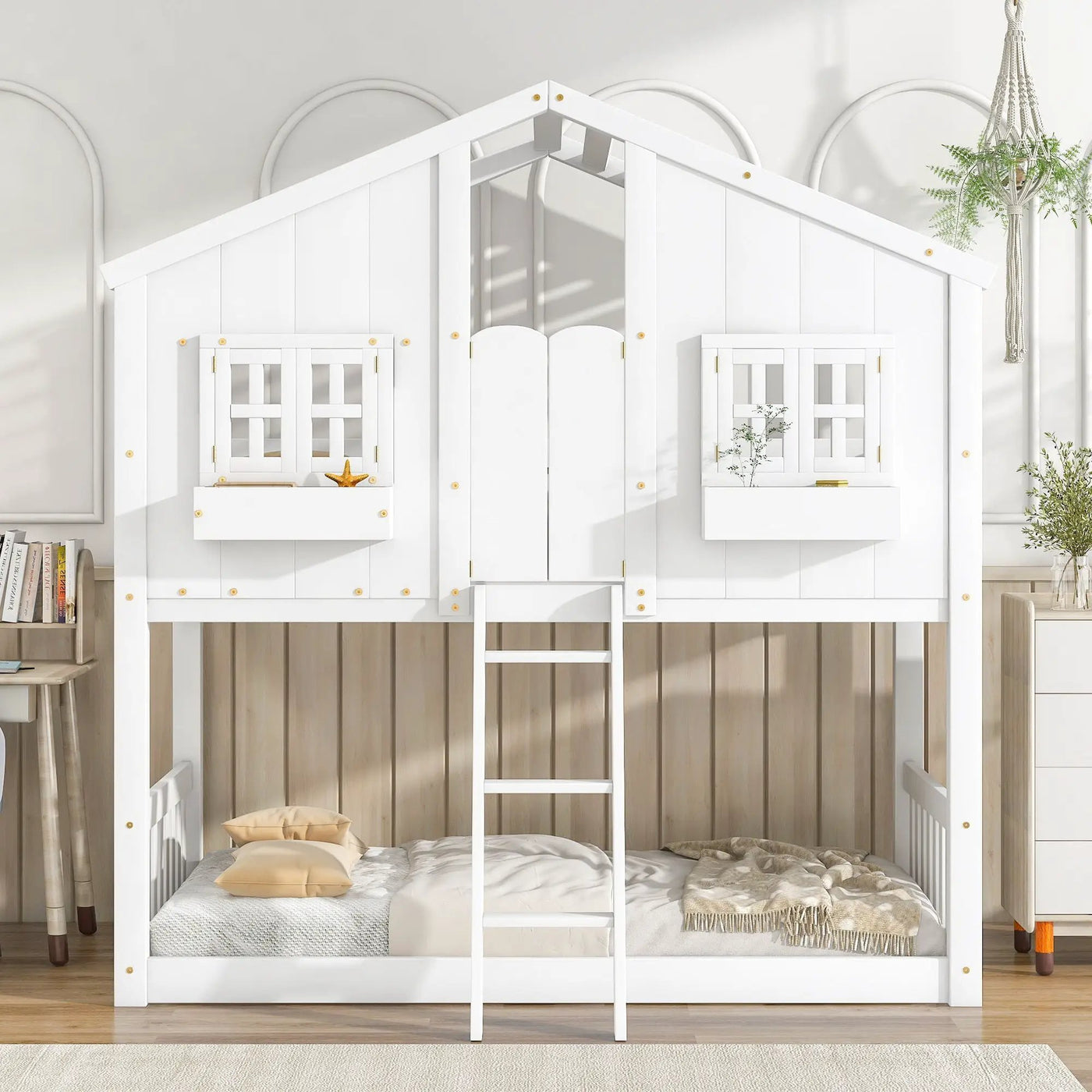 House Bunk Bed With Roof, Window, Window Box, Door, With Safety Guardrails And Ladder by Unique Piece Furniture
