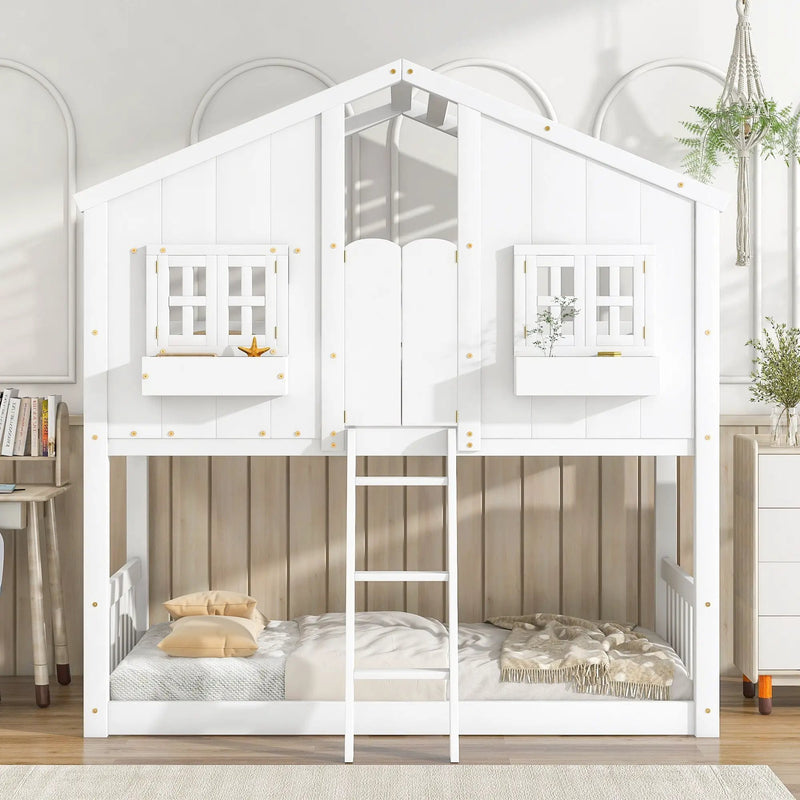 House Bunk Bed With Roof, Window, Window Box, Door, With Safety Guardrails And Ladder by HouseOfZazla