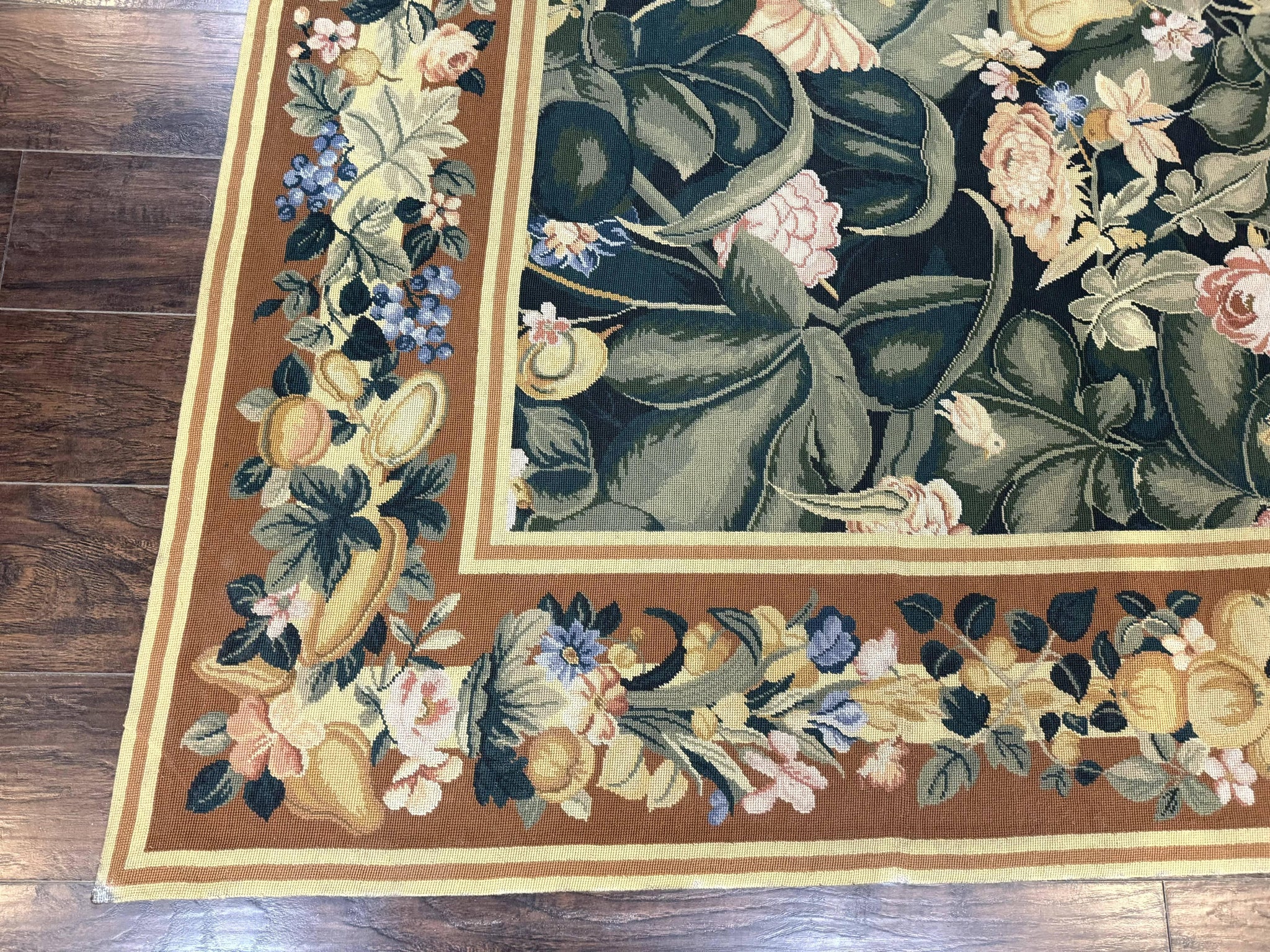 Needlepoint Rug 8x10, Vintage, Handmade, Wool, Green, Leaves & Fruits by Jewel Rugs