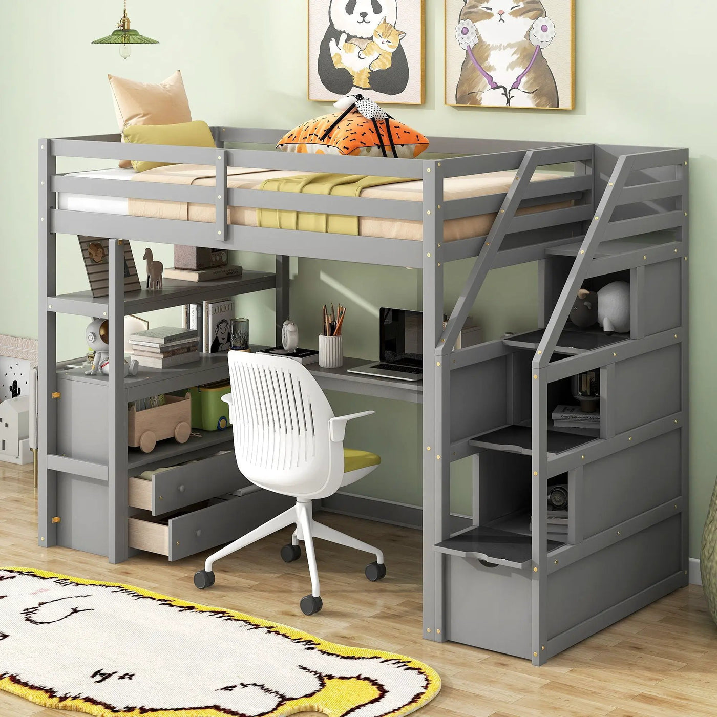 Loft Bed With Desk, Shelves, 2 Drawers, Storage Staircase by Unique Piece Furniture