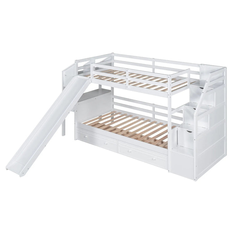 Bunk Bed With Storage Staircase, Slide, Desk, Drawers, And Shelves